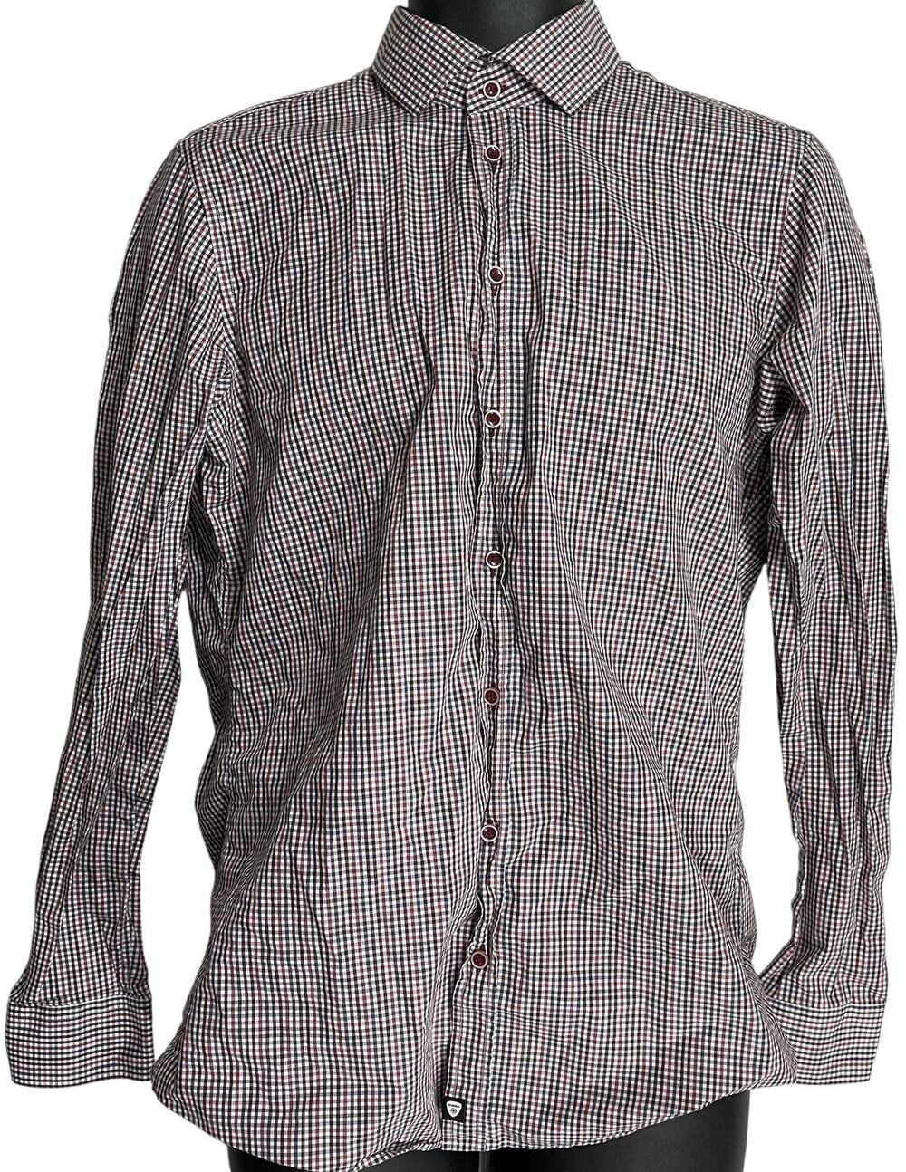 Strellson Shirt Men Size 15.5 Blue Red Checkered Slim Fit Button Up Long Sleeve